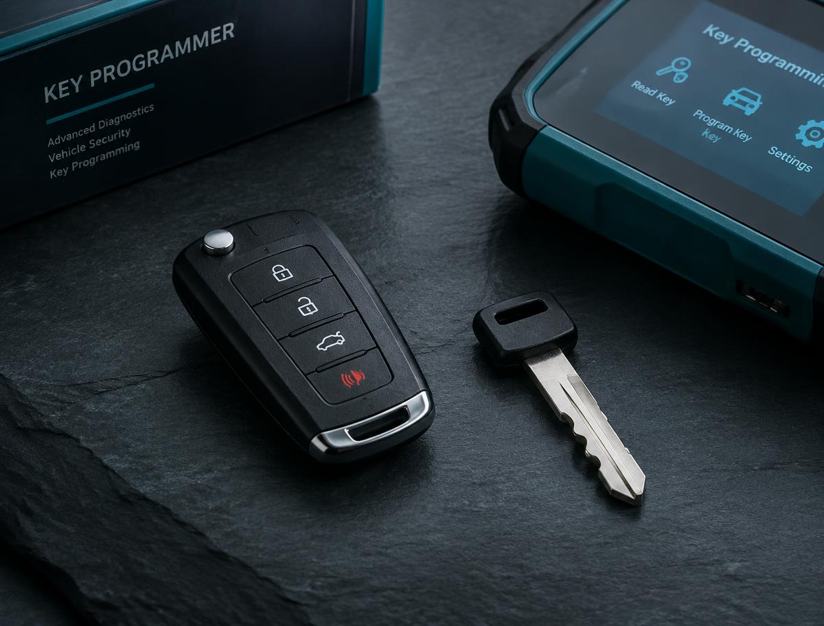 Vehicle key fob and transponder key on a dark slate surface beside a key programmer