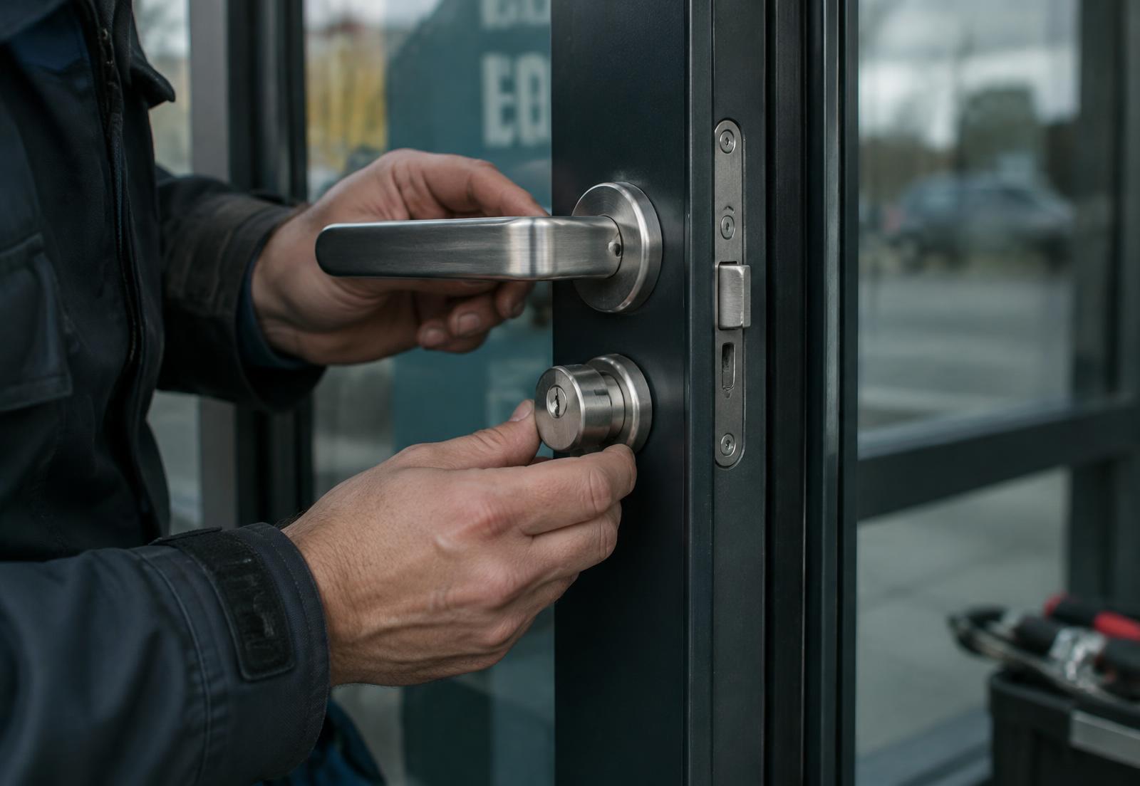 Locksmith installing a stainless steel lever handle and lock cylinder on a commercial storefront door