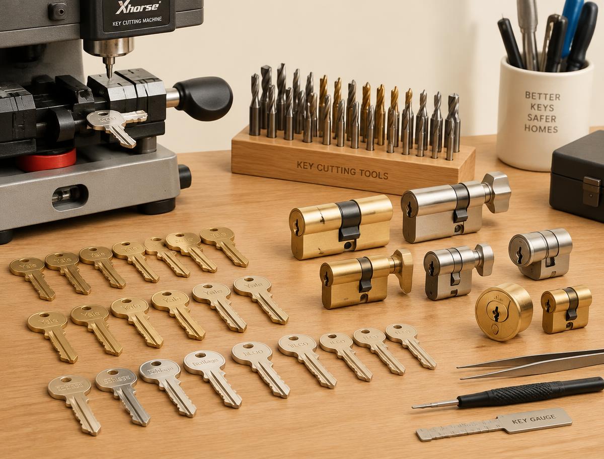 Keys and lock cylinders on a locksmith workbench