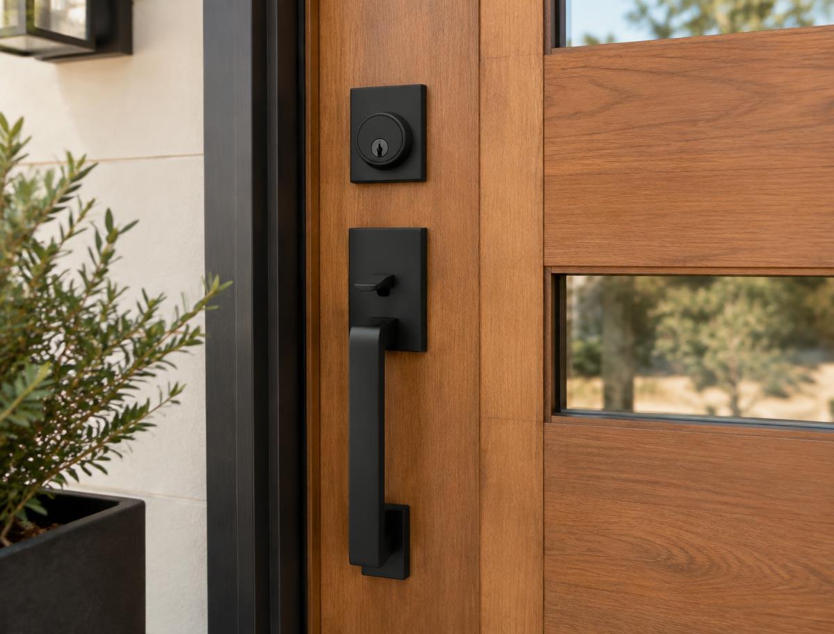 Matte black deadbolt and handle set on a wooden residential front door