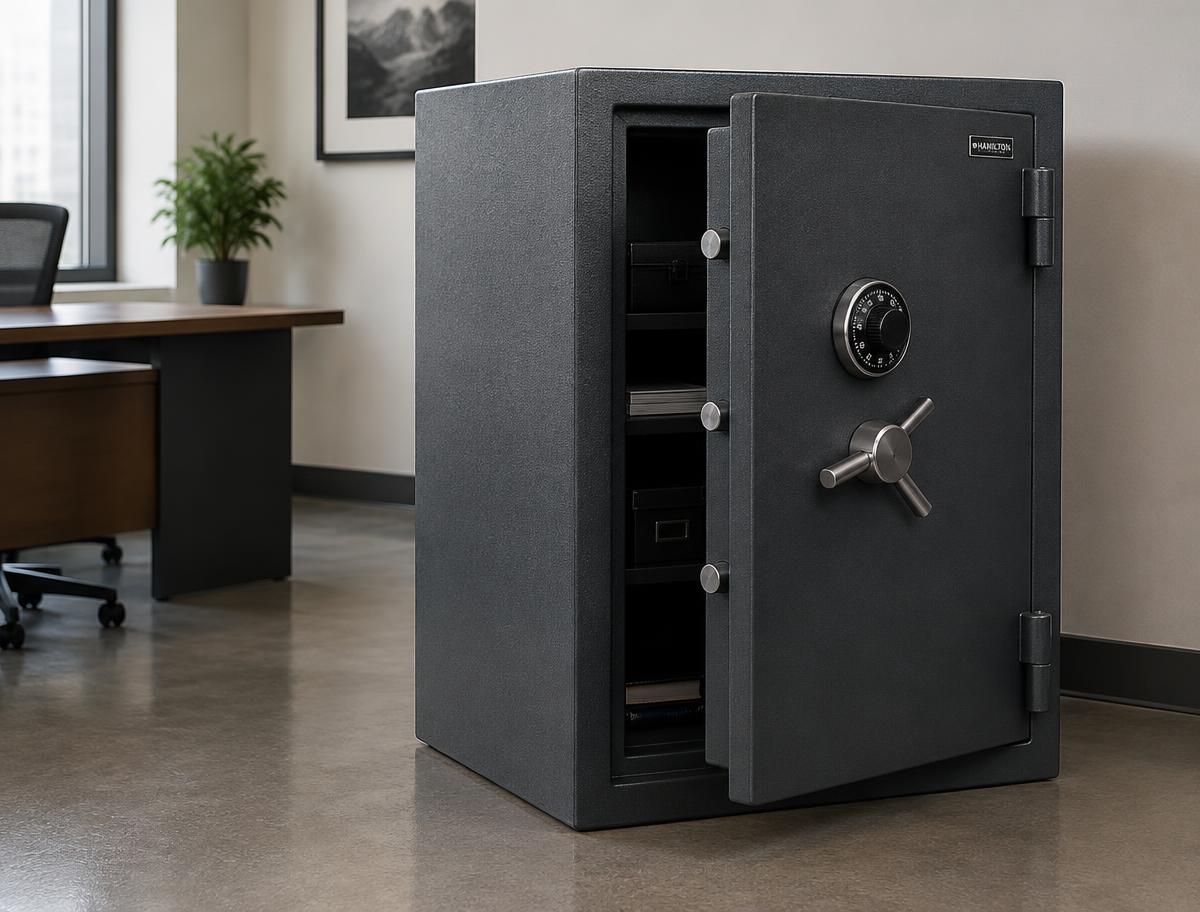 Charcoal steel office safe with a combination dial and the door partly open